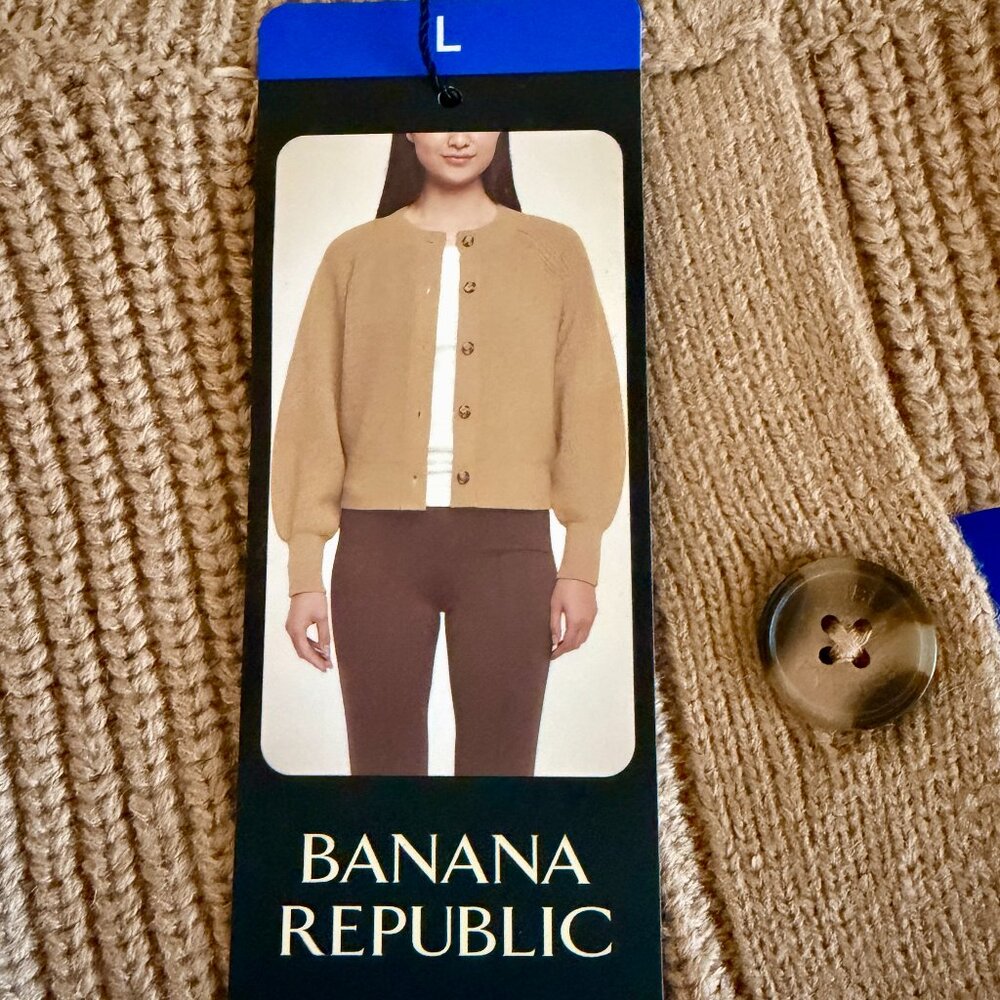Banana Republic Women's Button Front Cardigan Size L Tan Balloon Sleeves (NEW)